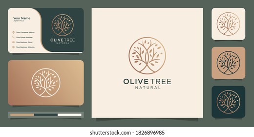 Modern olive tree logo with circle frame design concept, olive tree natural leaf logo design and business card. Premium Vector