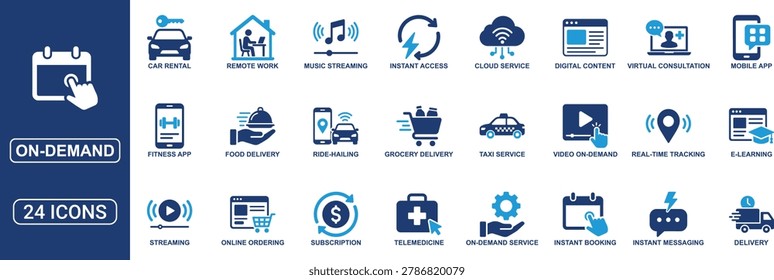 Modern on demand icon set designed for digital services, streaming platforms, delivery apps, subscriptions, and online business projects. Includes food delivery, ride hailing, instant booking, telemedicine, cloud service, virtual consultation, online ordering, mobile app, and video on demand icons in a clean solid vector style. Perfect for websites, apps, dashboards, and service platforms.