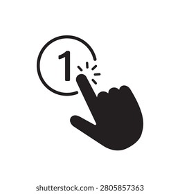 Modern one click icon featuring finger tap and number one symbol representing instant action, quick selection, single click operation, user interaction, digital interface and fast online process.