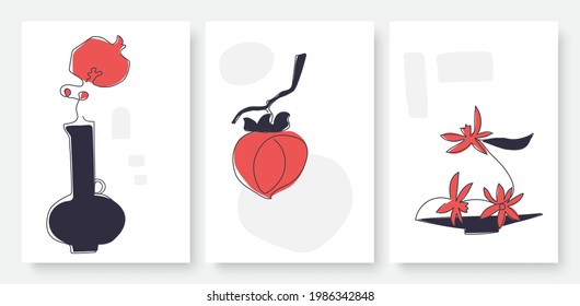 Modern one continuous line drawing of organic fruits, flowers and leaves in red and black vector illustration set. Abstract minimalist food design wallpaper, wall art or social media post template