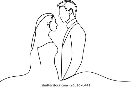 Arte moderna de uma linha mostrando noiva e noivo apaixonados por convites de casamento