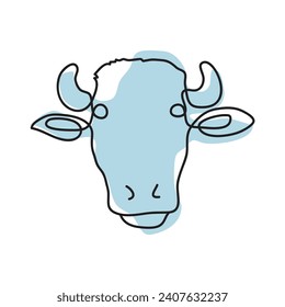 Modern one line drawing of isolated buffalo portrait with horns on white. Hand drawn minimal style vector illustration. Domestic farm animal sketch.
