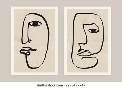 Modern one line face poster. Contemporary abstract minimal printable art fashion decor mid century aesthetic. Vector set