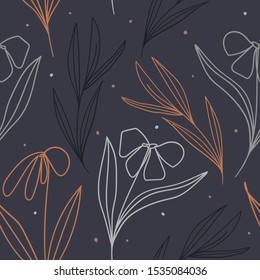 Modern one line floral seamless pattern for print, fabric, wallpaper. Hand drawn floral and leaves background.