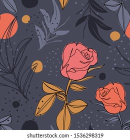 Modern one line floral seamless pattern for print, fabric, wallpaper. Aesthetic background. Hand drawn floral background.