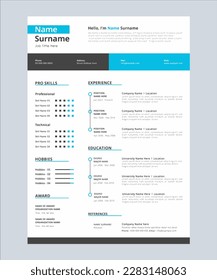 Modern one page business resume template design with blue color. Vector illustration