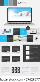 Modern One Page Website Template Can be use Responsive Website on Touchscreen Devices. Open laptop and Blue sky with hot air ballons illustration.
