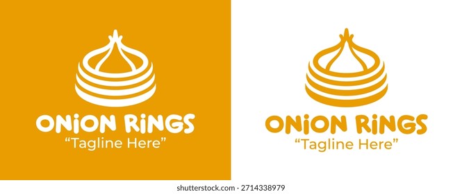 Un moderno logotipo de anillos de cebolla adecuado para marcas de aperitivos contemporáneos y restaurantes informales rápidos.