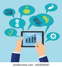 Modern online banking. E-commerce orders via internet. Person with laptop searching ways of increasing income. Icons in speech bubbles concerning financial growth, money savings.Vector illustration