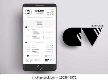 Modern Online CV Example Design, Resume Vector Template Minimalistic Creative Style On A Smartphone Screen