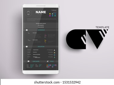 Modern online CV example design, resume vector template minimalistic creative style on a smartphone screen