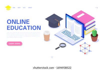 Modern online education banner concept. Distance home training, retraining, online courses, specialization. Vector isometric illustration on a white background.