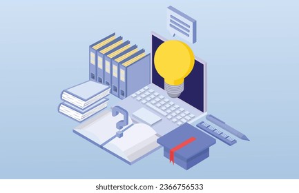 Modern online education banner concept Character of a student reading an online course.on blue background.3D design.isometric vector design Illustration.