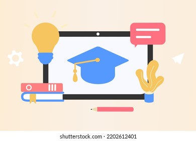 Modern  Online Education for banner website. Page template vector illustration of e-learning, internet course, application learning, university studies, classroom, tutorial, library on computer.