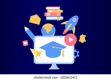 Modern  Online Education for banner website. Page template vector illustration of e-learning, internet course, application learning, university studies, classroom, tutorial, library on computer.