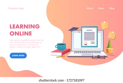 Modern online education concept. Diploma online at Home. Certificate, laptop and stationery on abstract background. Can use for web banner, infographics. Flat isometric vector illustration