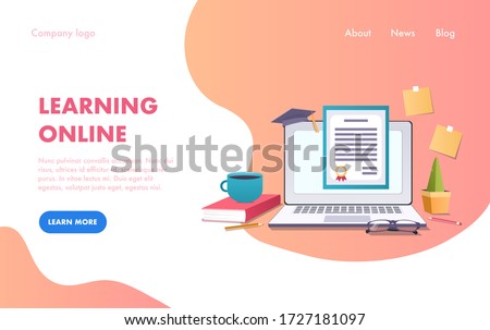 Modern online education concept. Diploma online at Home. Certificate, laptop and stationery on abstract background. Can use for web banner, infographics. Flat isometric vector illustration