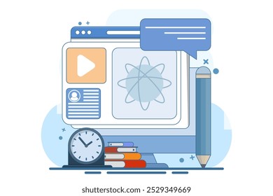 Modern online education concept for website banner. e-learning, internet courses, applied learning, university studies, classroom, tutorials, library on computer. flat illustration.