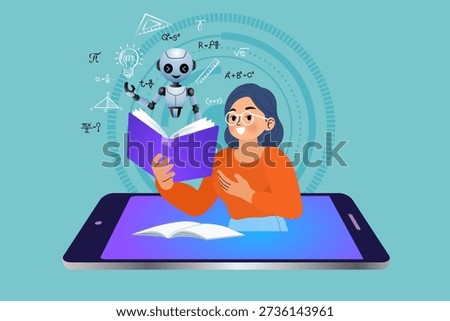 Modern online learning concept with a student and AI robot on a tablet. Highlighting digital accessibility and educational transformation with math symbols.