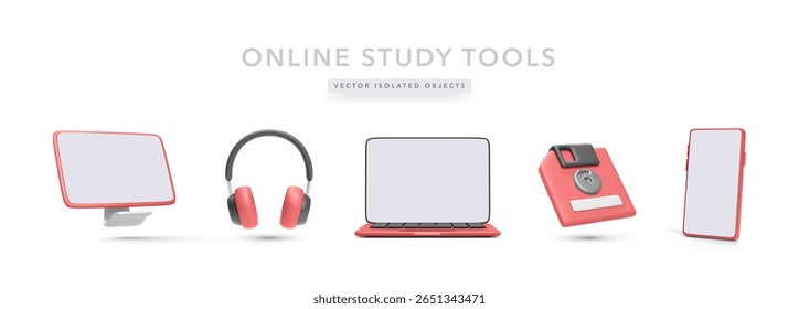 Modern Online Learning Icons Featuring Monitor, Headphones, Laptop, Floppy Disk, And Smartphone In Colorful 3D Style. Ideal For E-Learning And Digital Education. Vector Illustration.