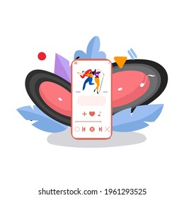 Modern online listening music program, playback mobile phone application track flat vector illustration, isolated on white.