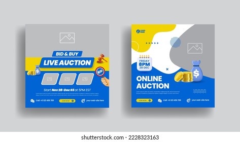 Modern online live auction bid banner for social media post template and law firm square flyer poster template set