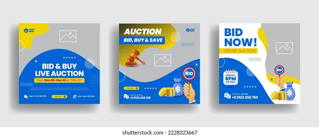 Modern online live auction bid banner for social media post template and law firm square flyer poster template abstract  set