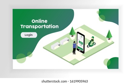 Modern Online motorcycle transportation concept.Isometric landing page. Man ordering online motorcycle using smartphone app service. Illustration for webpage,ui,mobile app,banner,infographic