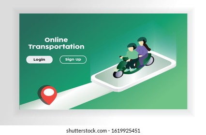 Modern Online motorcycle transportation concept.Isometric landing page. Woman ordering online motorcycle using smartphone app service.Illustration for webpage,ui,mobile app,infographic and banner
