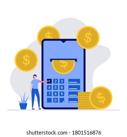 Modern online payment concept with character. A man using smartphone to transfer funds. Modern vector illustration in flat style for landing page, mobile app, web banner, infographics, hero images.