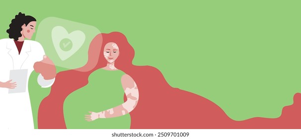 Modern online pregnancy management, flat vector stock illustration or copy space template of a pregnant woman with vitiligo and gynecologist doctor