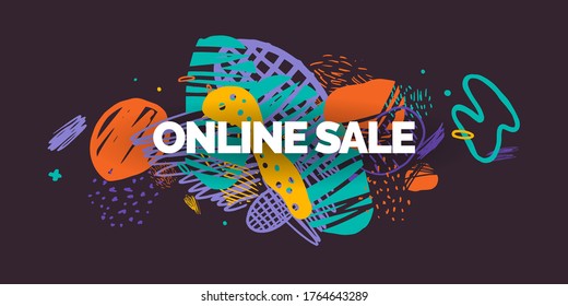 Modern Online Sale Poster. Different Shapes In Doodle Style. Abstract Spots And Shapes On The Background. Vector Illustration.