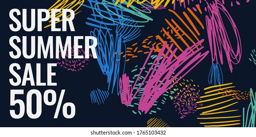 Modern online Sale poster. Different shapes in Doodle style. Abstract spots and shapes on the background. Vector illustration.