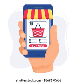 A modern online shop concept. A hand with the phone is ready to buy a product.