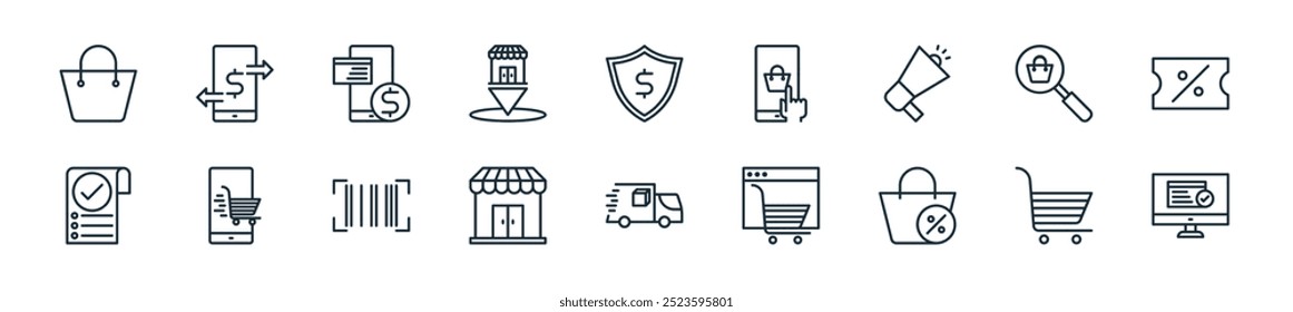 Perfecto para diseños de interfaz de usuario lineal con pago en línea de Vector, Carrito, oferta, compras en línea, camión de envío, comerciante, código de barras y más iconos para móviles y Web