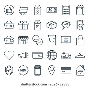 modern online shopping icon pack. perfect for linear ui designs featuring vector online shopping, credit, location, online store, new and more icons.