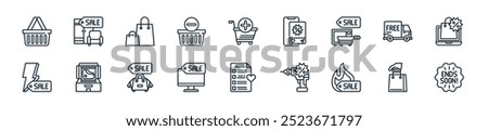 modern online store icon pack. perfect for linear ui designs featuring vector sticker, shopping bag, hot deal, equipment, wishlist, computer, shopping bag and more icons for mobile and web apps.