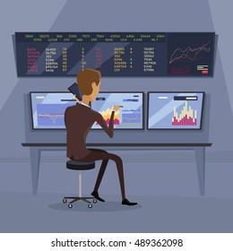 Modern online trading on stock exchange concept. Flat style design Monitoring of value indexes. Online trading technology. Brokerage trading on the web vector. Flat style design. Businessman at work.