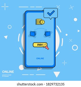 Modern online transaction illustration design template with coin and smartphone, application for money transaction and currency exchange. Wallet flat 
vector illustration icon on blue background.