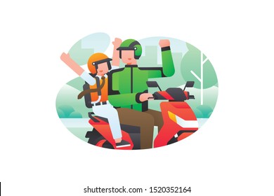 Modern Online Transportation Or Ride Sharing Gojek Illustration Vector With Young Man Driver Wearing Helmet And Green Jackets Riding On Automatic Motorbikes Takes Students To School Happily