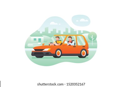 Modern Online Transportation Or Ride Sharing Illustration Vector With A Man Wear A Seat Belt Driving A Car Takes Passengers To The Destination With Beautiful City Building Park Background