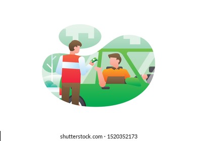 Modern Online Transportation Or Ride Sharing Illustration Vector With A Young Man Stands Paying Cash To The Car Driver After Ride Through The City With Green Tree Background