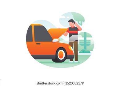 Modern Online Transportation Or Ride Sharing Illustration Vector With A Man Standing In Confusion Opened The Hood Of A Car Which Emitted Smoke Because It Was Broke Down In The Middle Of The Road