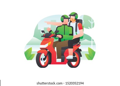 Moderner Online-Transport- oder Reisegesfahrten Gojek-Illustration Vektorgrafik mit männlichen Fahrer führt Ausländer zu Touristenattraktionen Ort mit einem automatischen Motorrad mit schönem Stadhintergrund