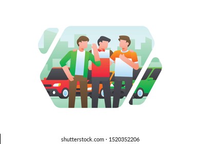 Modern Online Transportation Or Ride Sharing Illustration Vector With 3 Man Drivers Who Are Members Of The Community Talking And Discussion Together With Cars And City Building Silhouette Background