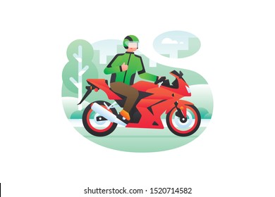 Modern Online Transportation Or Ride Sharing Illustration Vector With Man Driver Wearing Helmet And Green Jacket Sit And Drive Big Cool Red Sport Bikes