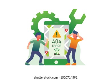 Modern Online Transportation Or Ride Sharing Illustration Vector With Man Angry In Front Of Big Smartphone Because The Application Is 404 Error With Gear And Wrench Background