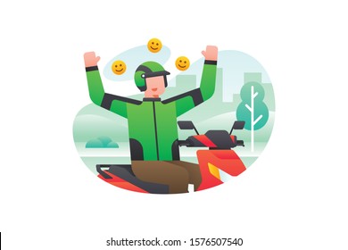 Modern Online Transportation Or Ride Sharing Illustration Vector With A Happy Man Driver Wearing Green Helmet And Jacket Sits On A Motorcycle Vector