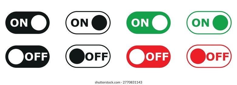 Modern onoff toggle switch icons in black green and red for digital user interface