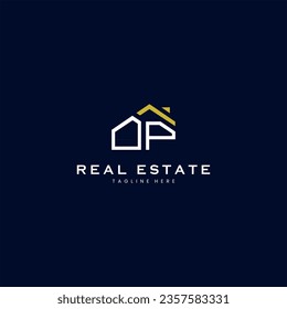 modern OP letter real estate logo in linear style with simple roof building in blue